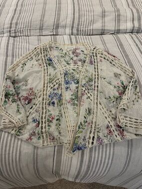 Anthropologie Cream Lace Kimono with Pink, Green and Blue Floral Print